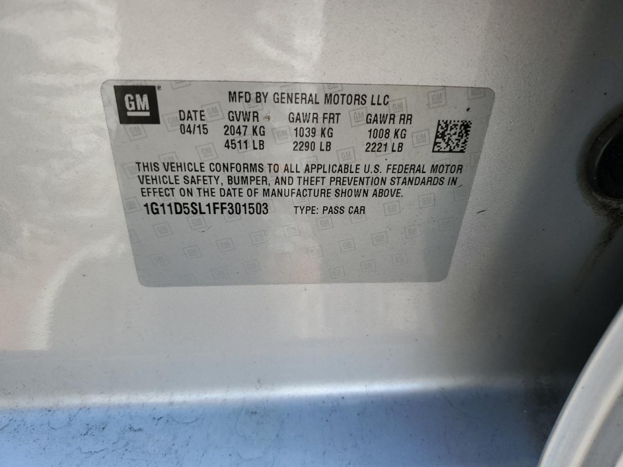 2015 Chevrolet Malibu VIN 1G11D5SL1FF301503 Copart auction photo, rear end damage thumbnail 12