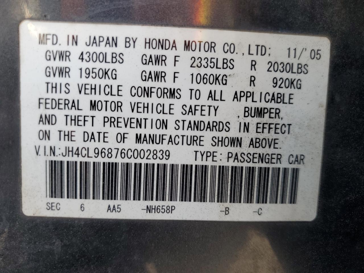 2006 Acura TSX VIN JH4CL96876C002839 Copart auction photo, front end / minor dent/scratches damage thumbnail 13