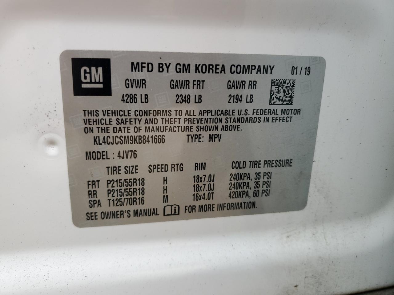2019 Buick Encore VIN KL4CJCSM9KB841666 Copart auction photo, front end / minor dent/scratches damage thumbnail 14