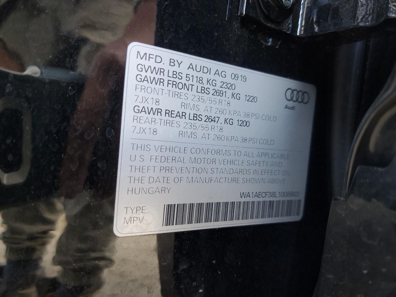 2020 Audi Q3 VIN WA1AECF38L1008803 Copart auction photo, front end / minor dent/scratches damage thumbnail 13