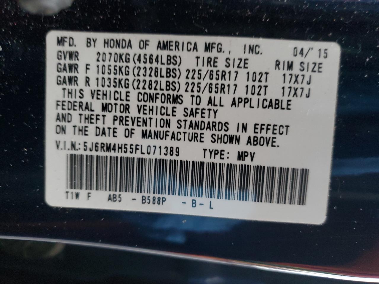 2015 Honda CR-V VIN 5J6RM4H55FL071389 Copart auction photo, undercarriage / side damage thumbnail 15