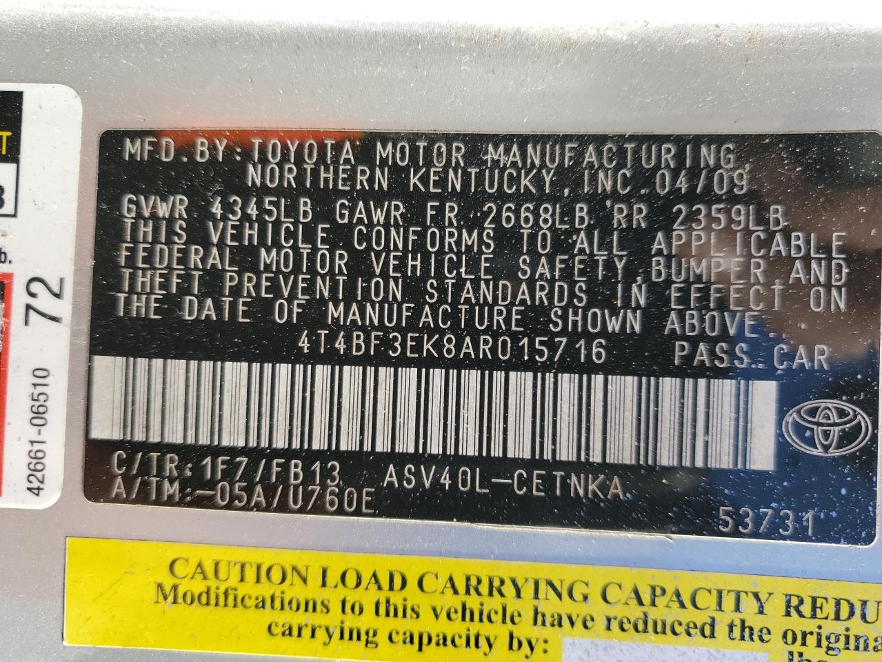 2010 Toyota Camry VIN 4T4BF3EK8AR015716 Copart auction photo, side damage thumbnail 12