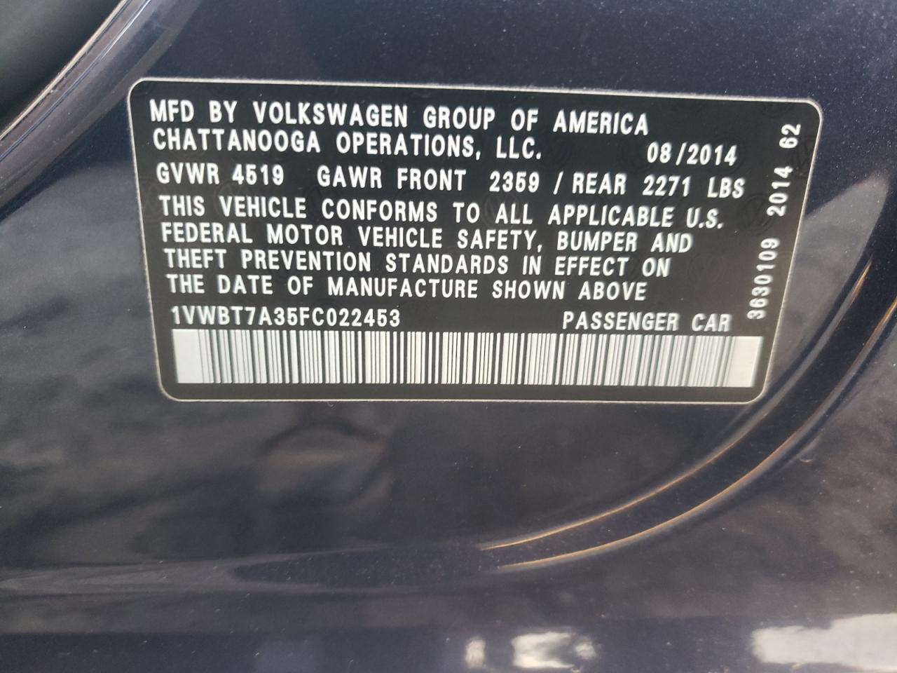 2015 Volkswagen Passat VIN 1VWBT7A35FC022453 Copart auction photo, partial repair damage thumbnail 15