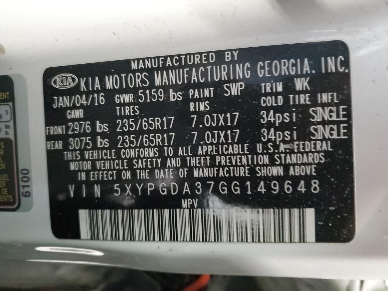 2016 KIA Sorento VIN 5XYPGDA37GG149648 Copart auction photo, all over damage thumbnail 16