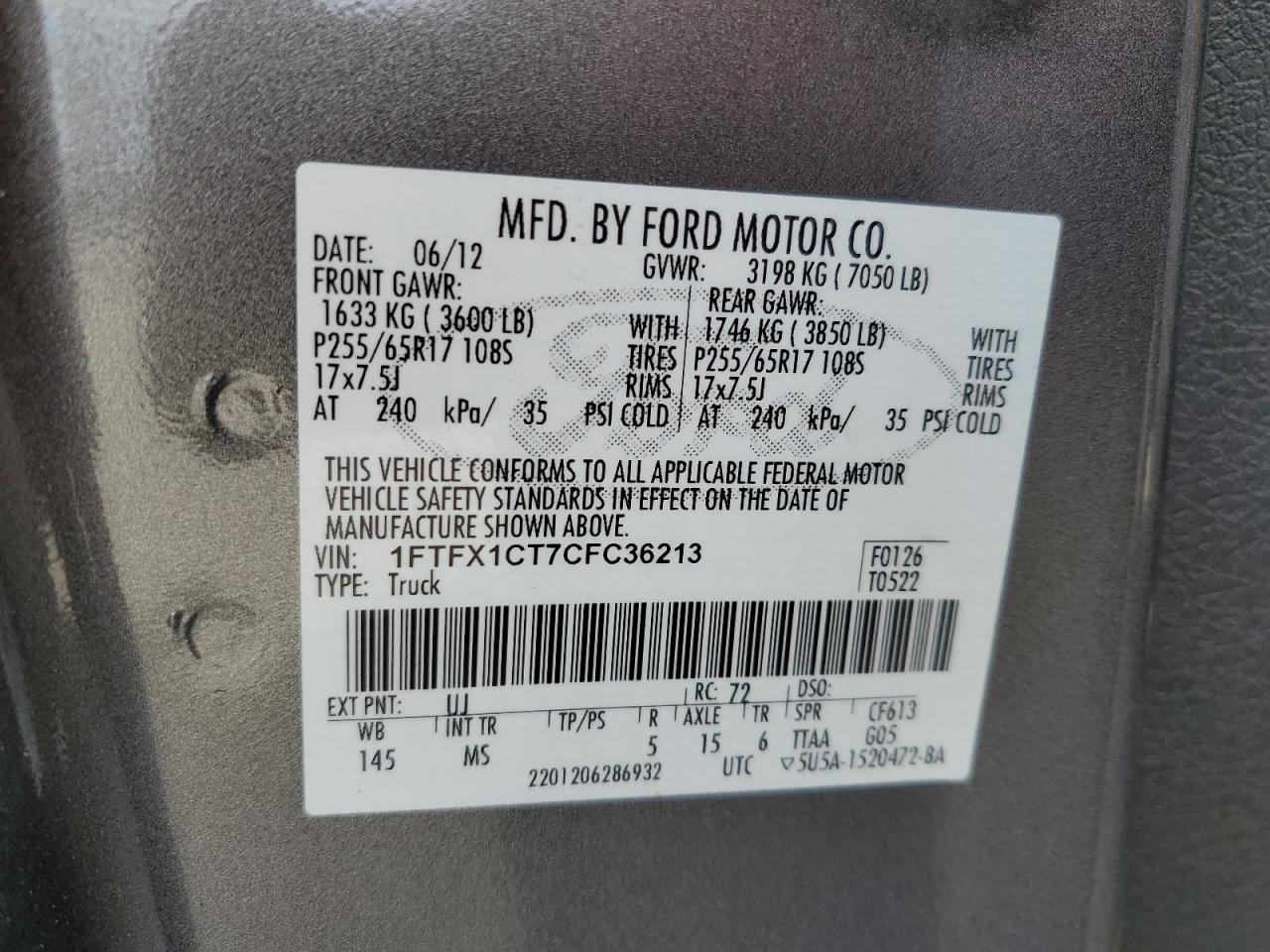 2012 Ford F-150 VIN 1FTFX1CT7CFC36213 Copart auction photo, front end damage thumbnail 15