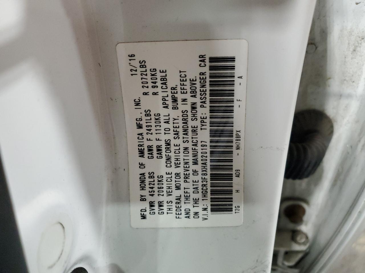 2017 Honda Accord VIN 1HGCR3F8XHA020197 Copart auction photo, side / front end damage thumbnail 13