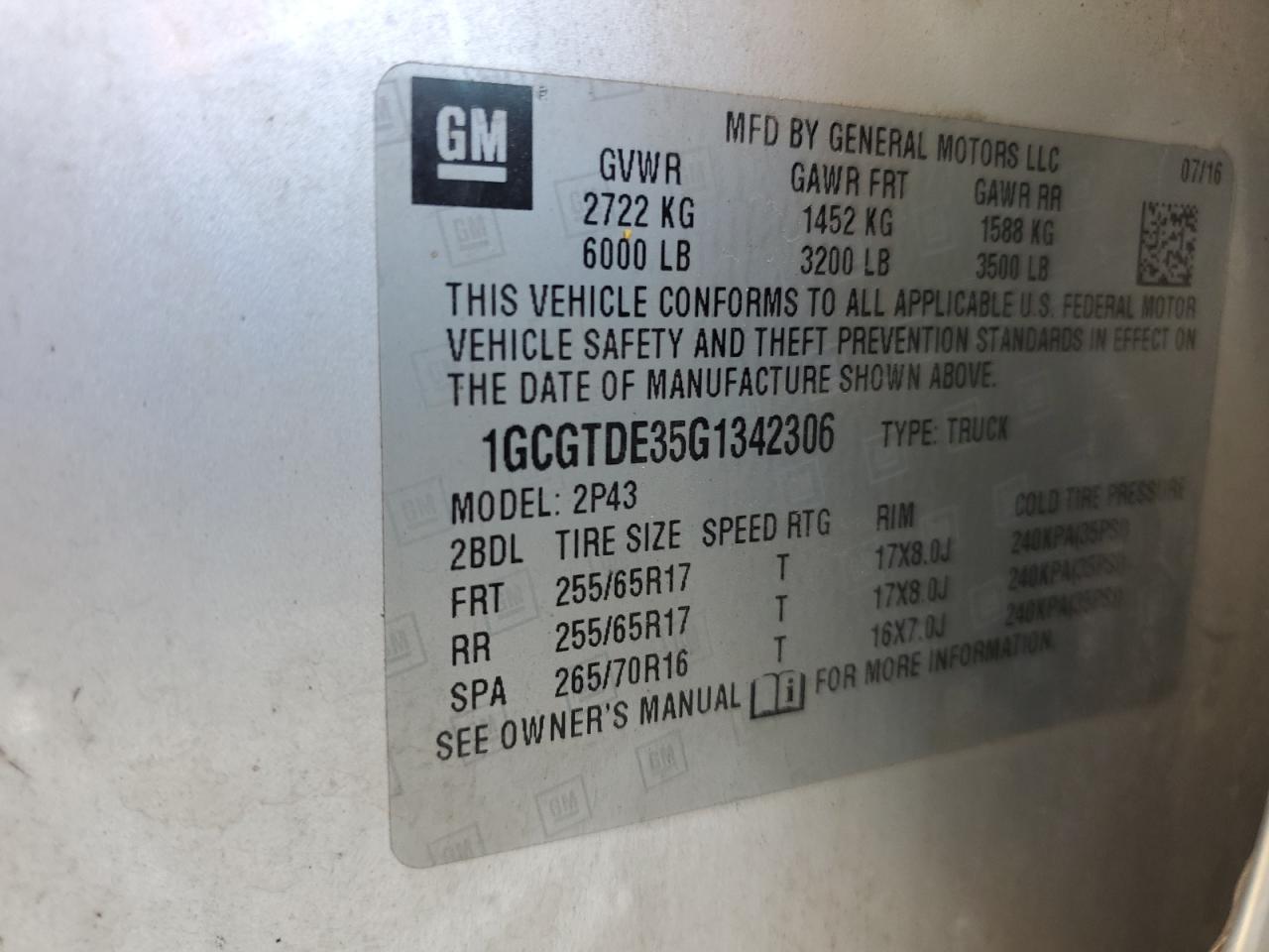 2016 Chevrolet Colorado VIN 1GCGTDE35G1342306 Copart auction photo, front end / mechanical damage thumbnail 12