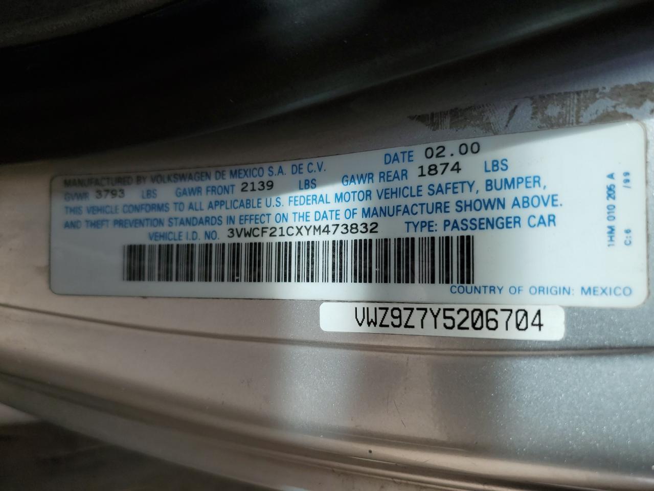 2000 Volkswagen Beetle VIN 3VWCF21CXYM473832 Copart auction photo, front end / minor dent/scratches damage thumbnail 12