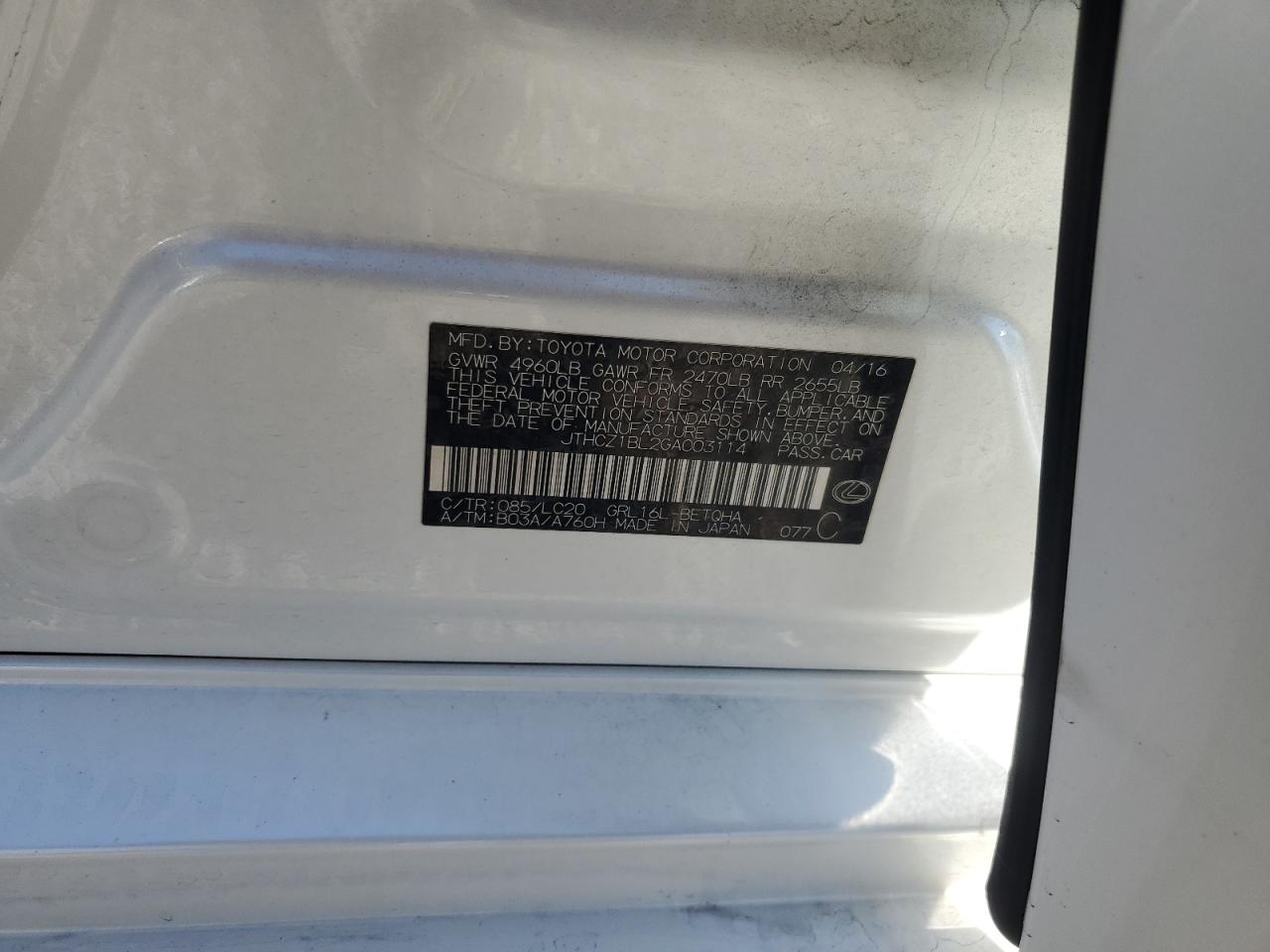2016 Lexus GS VIN JTHCZ1BL2GA003114 Copart auction photo, front end / side damage thumbnail 14