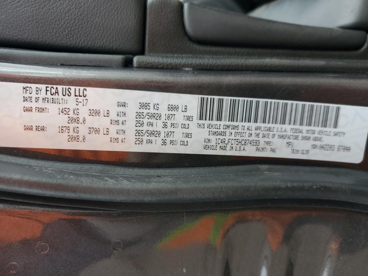 2017 Jeep Grand Cherokee VIN 1C4RJFCT5HC874593 Copart auction photo, vandalism / top/roof damage thumbnail 13