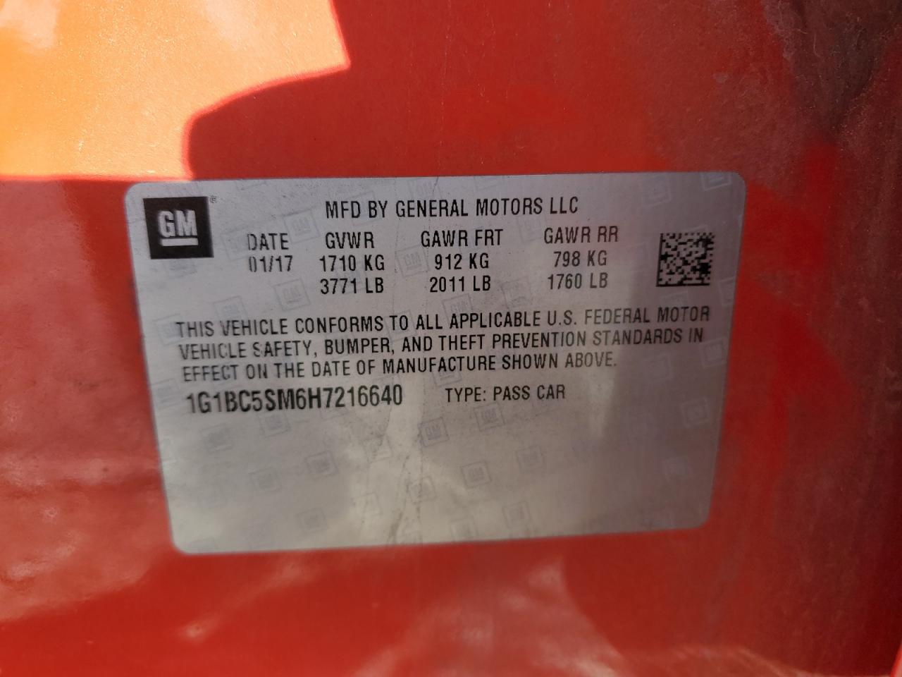 2017 Chevrolet Cruze VIN 1G1BC5SM6H7216640 Copart auction photo, top/roof damage thumbnail 14