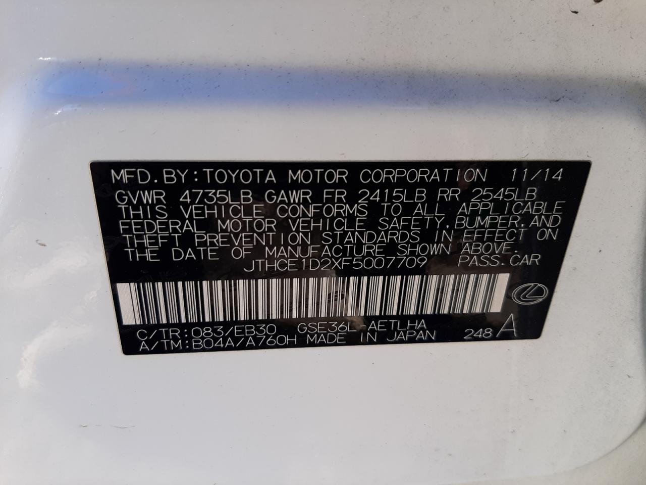 2015 Lexus IS VIN JTHCE1D2XF5007709 Copart auction photo, front end damage thumbnail 12