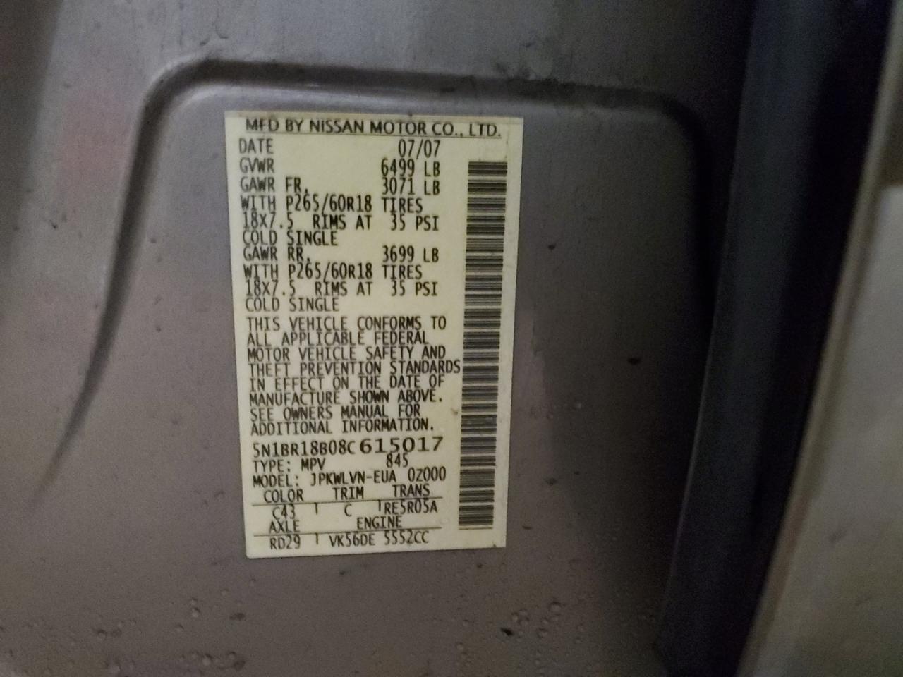 2008 Nissan Pathfinder VIN 5N1BR18B08C615017 Copart auction photo, undercarriage damage thumbnail 12