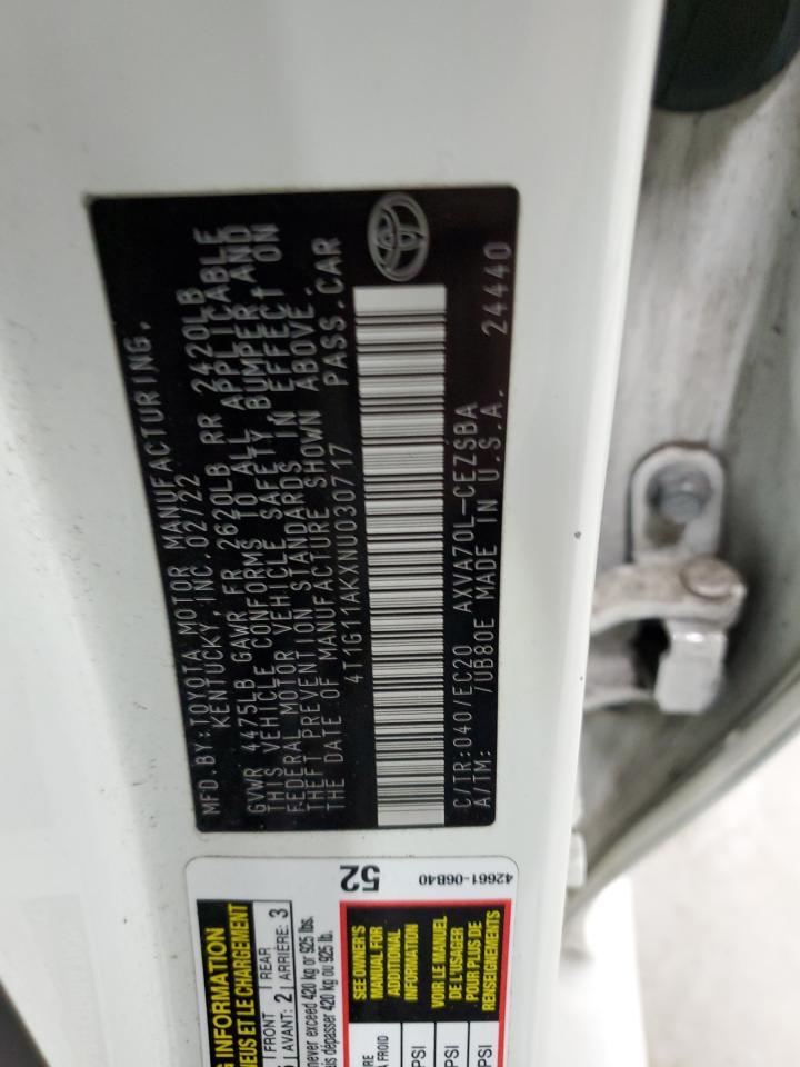 2022 Toyota Camry VIN 4T1G11AKXNU030717 Copart auction photo, front end / side damage thumbnail 13