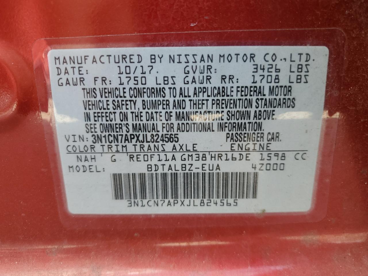 2018 Nissan Versa VIN 3N1CN7APXJL824565 Copart auction photo, biohazard/chemical / front end damage thumbnail 14