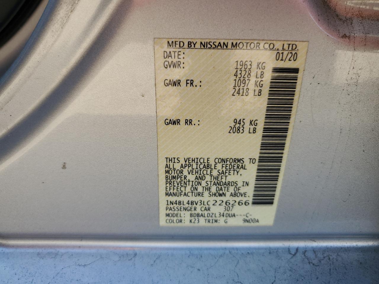 2020 Nissan Altima VIN 1N4BL4BV3LC226266 Copart auction photo, rear end damage thumbnail 15