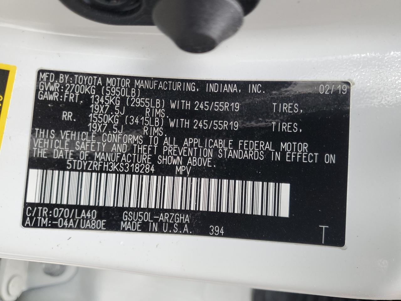 2019 Toyota Highlander VIN 5TDYZRFH3KS318284 Copart auction photo, rollover damage thumbnail 13