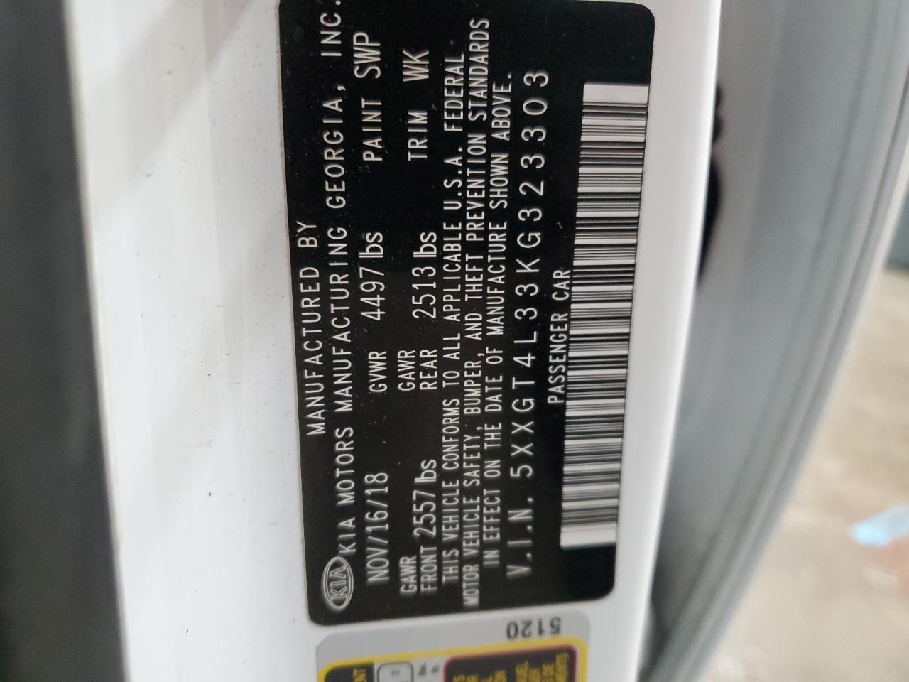 2019 KIA Optima VIN 5XXGT4L33KG323303 Copart auction photo, front end / side damage thumbnail 13
