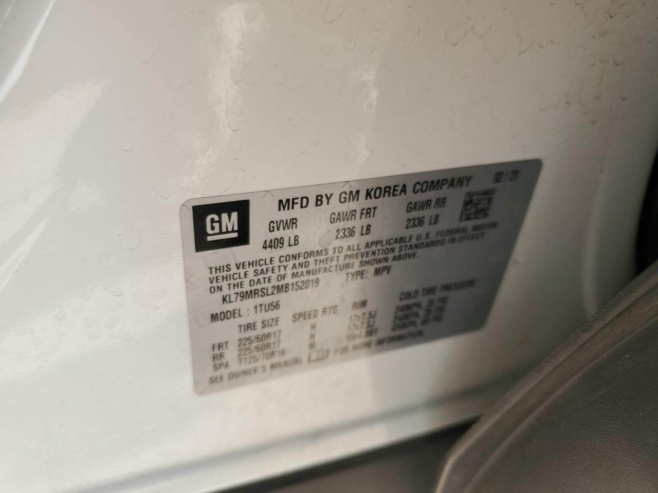 2021 Chevrolet TrailBlazer VIN KL79MRSL2MB152019 Copart auction photo, rear end / side damage thumbnail 15