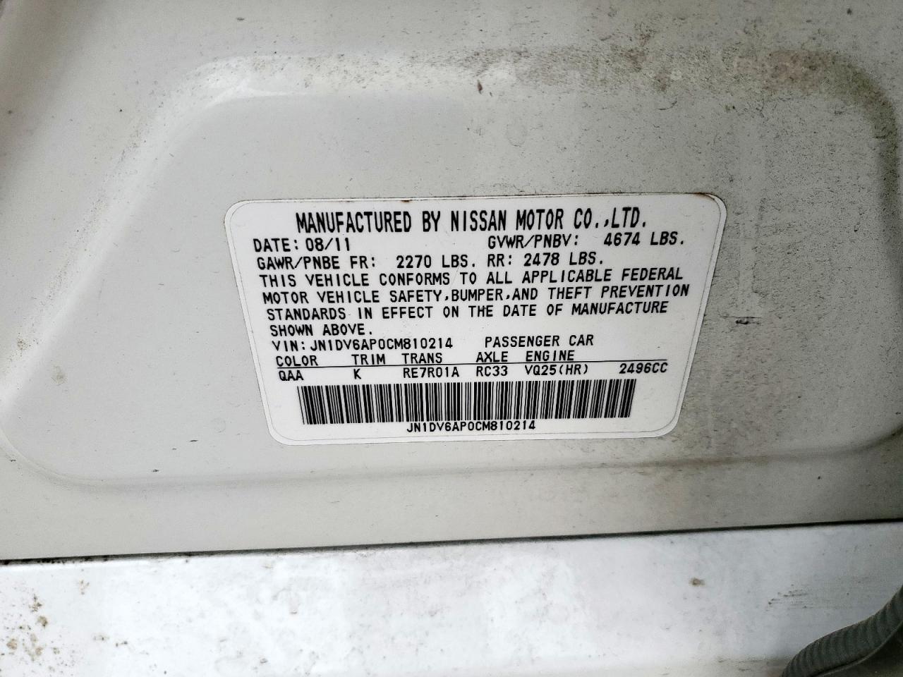 2012 Infiniti G VIN JN1DV6AP0CM810214 Copart auction photo, front end / side damage thumbnail 13