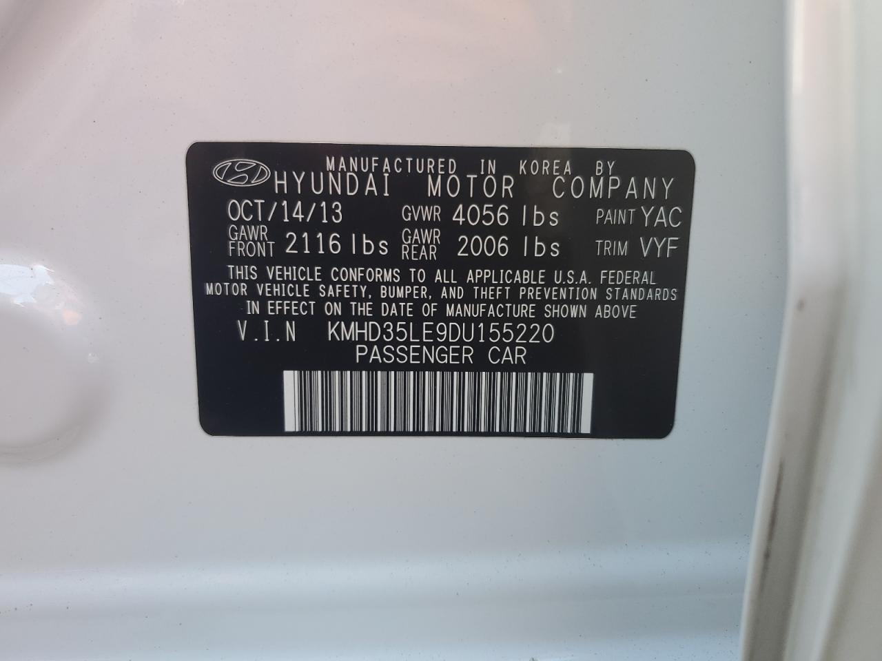 2013 Hyundai Elantra VIN KMHD35LE9DU155220 Copart auction photo, side / minor dent/scratches damage thumbnail 12