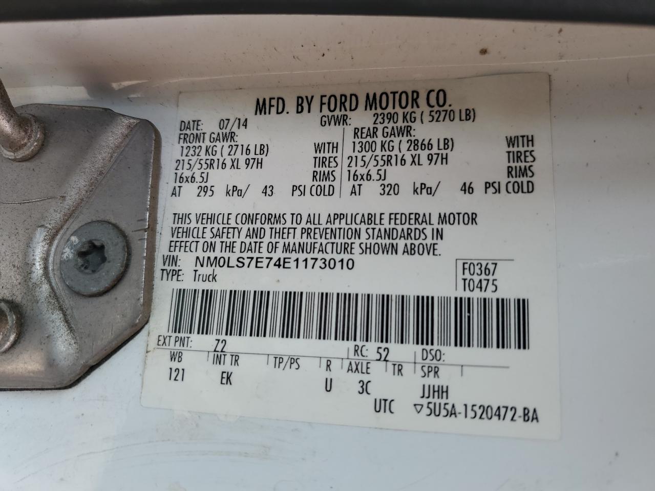 2014 Ford Transit VIN NM0LS7E74E1173010 Copart auction photo, minor dent/scratches damage thumbnail 12