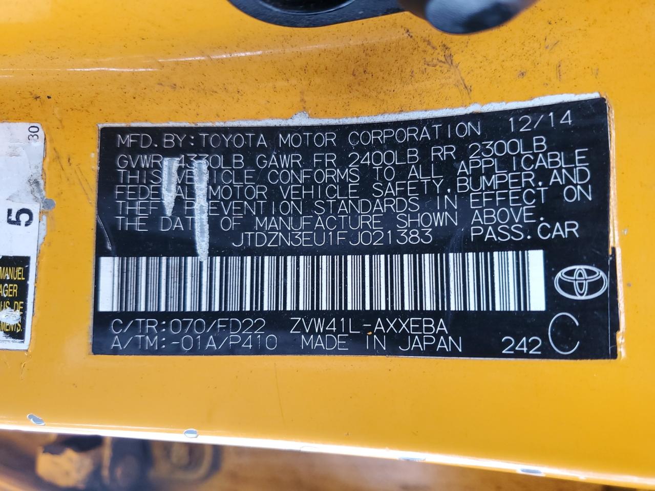 2015 Toyota Prius VIN JTDZN3EU1FJ021383 Copart auction photo, mechanical / front end damage thumbnail 12