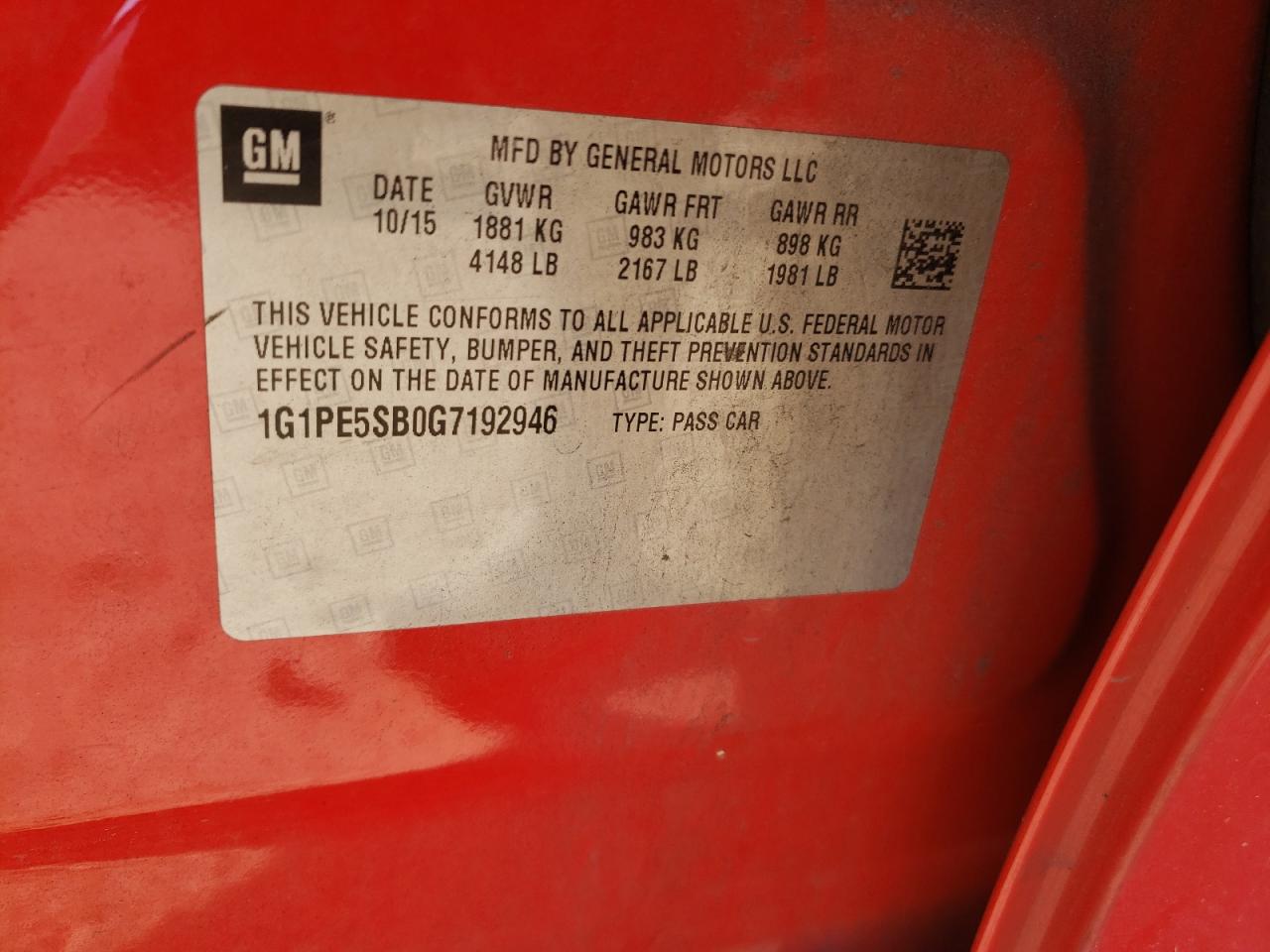 2016 Chevrolet Cruze VIN 1G1PE5SB0G7192946 Copart auction photo, rear end damage thumbnail 14