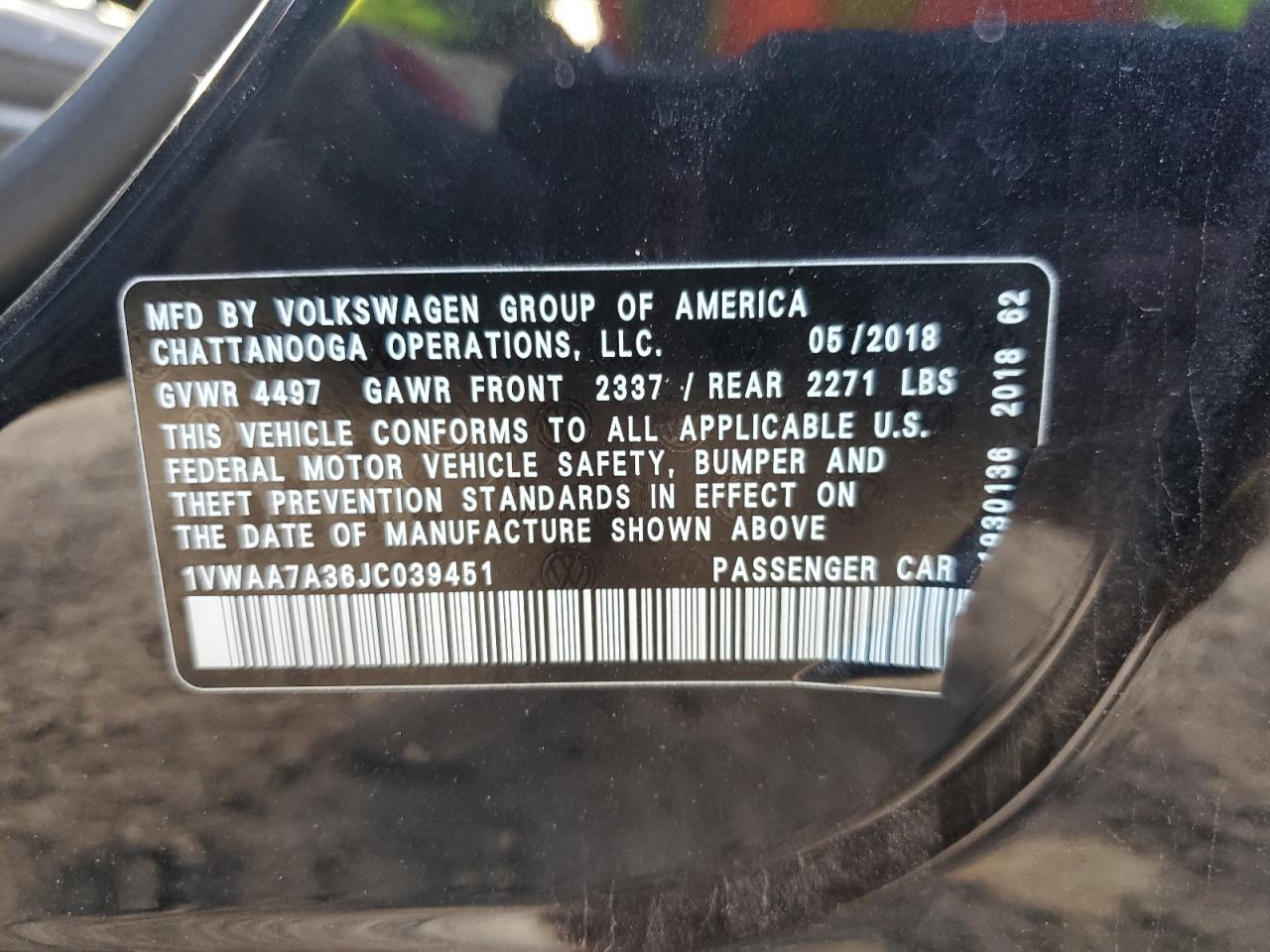 2018 Volkswagen Passat VIN 1VWAA7A36JC039451 Copart auction photo, all over damage thumbnail 13