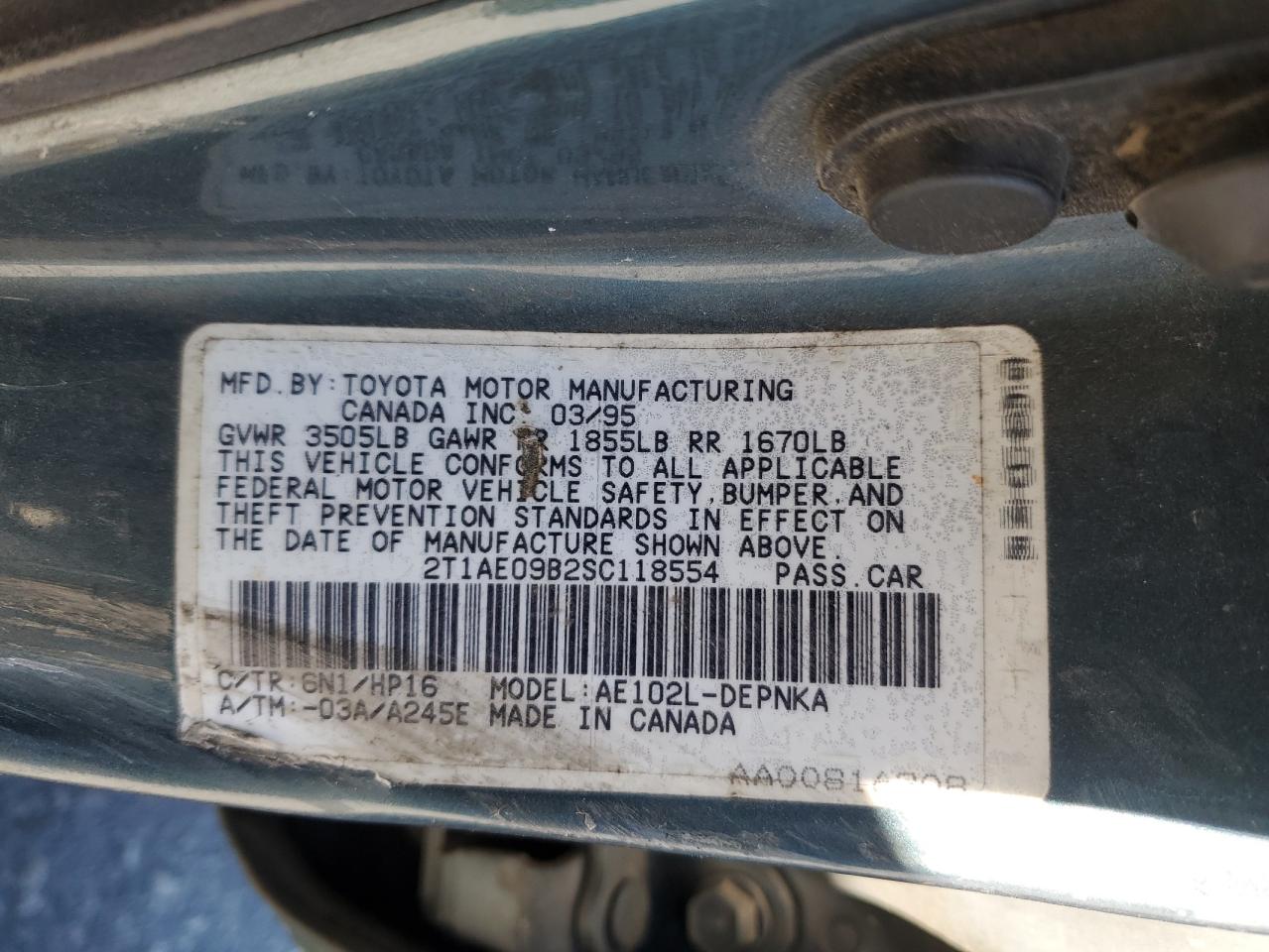 1995 Toyota Corolla VIN 2T1AE09B2SC118554 Copart auction photo, all over / undercarriage damage thumbnail 13