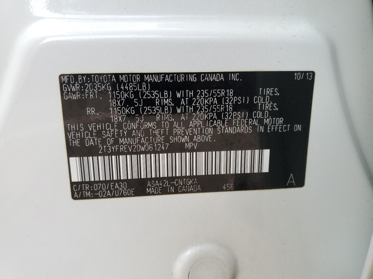 2013 Toyota RAV 4 VIN 2T3YFREV2DW061247 Copart auction photo, rear end damage thumbnail 14