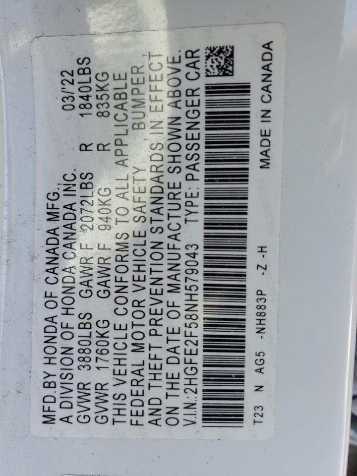 2022 Honda Civic VIN 2HGFE2F58NH579043 Copart auction photo, front end damage thumbnail 12
