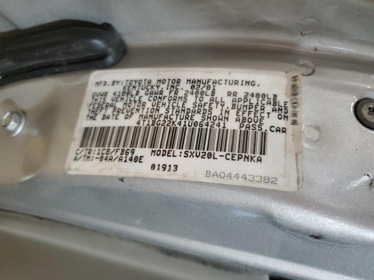 2001 Toyota Camry VIN 4T1BG22K41U064241 Copart auction photo, front end / undercarriage damage thumbnail 14
