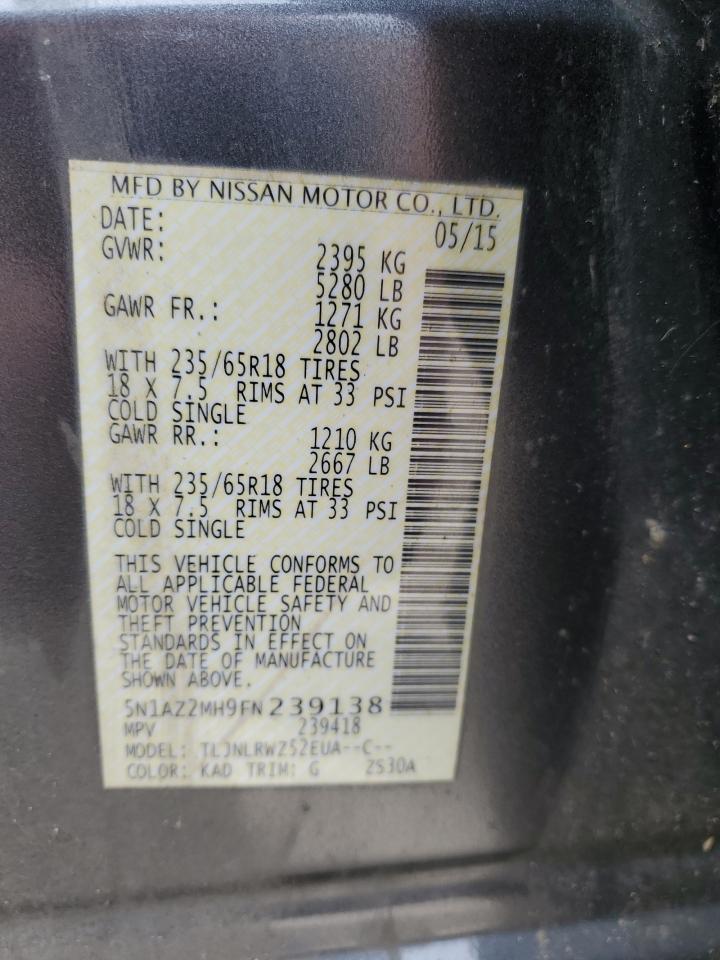 2015 Nissan Murano VIN 5N1AZ2MH9FN239138 Copart auction photo, front end / rear end damage thumbnail 15