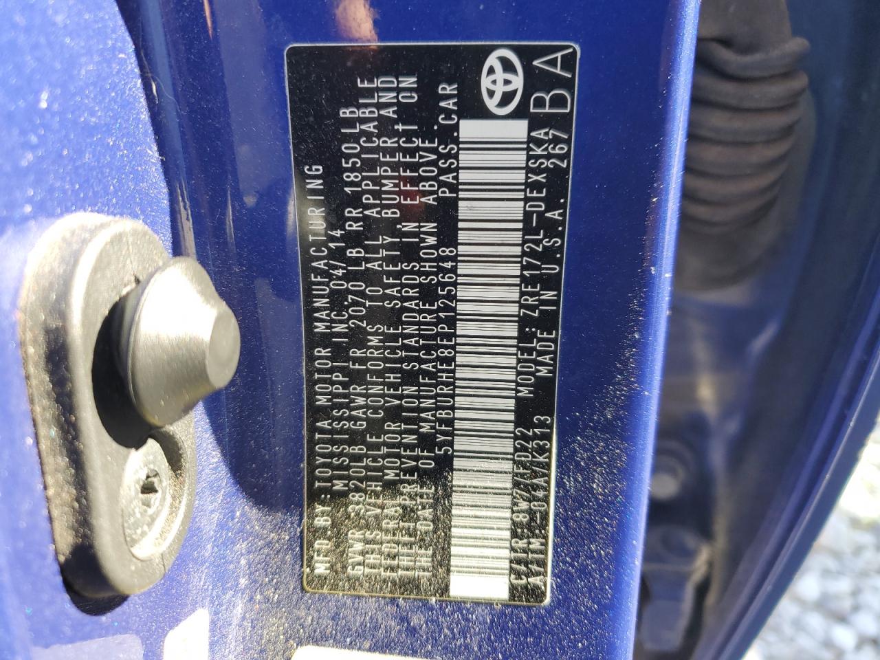 2014 Toyota Corolla VIN 5YFBURHE8EP125648 Copart auction photo, front end damage thumbnail 12