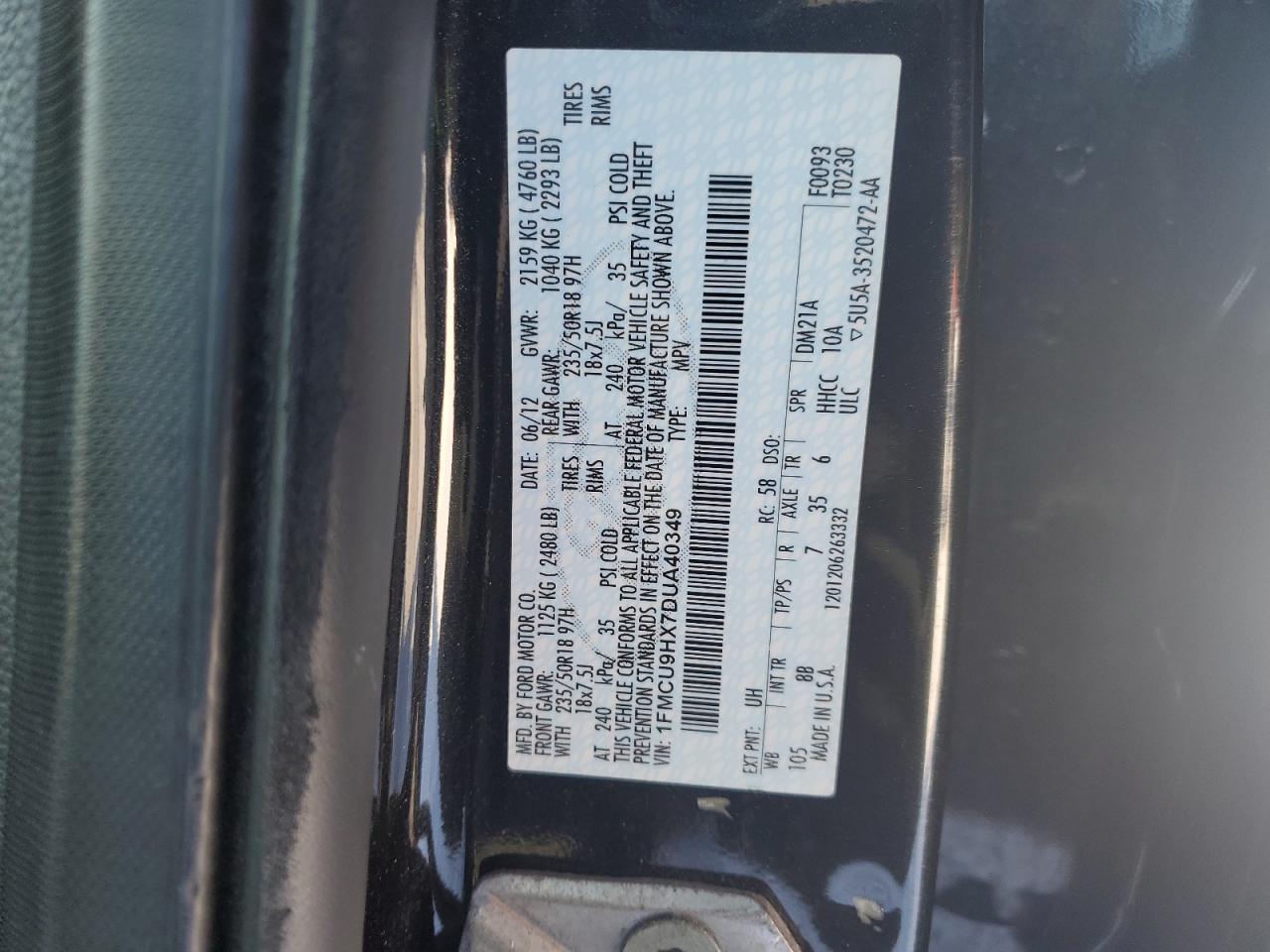 2013 Ford Escape VIN 1FMCU9HX7DUA40349 Copart auction photo, normal wear damage thumbnail 14