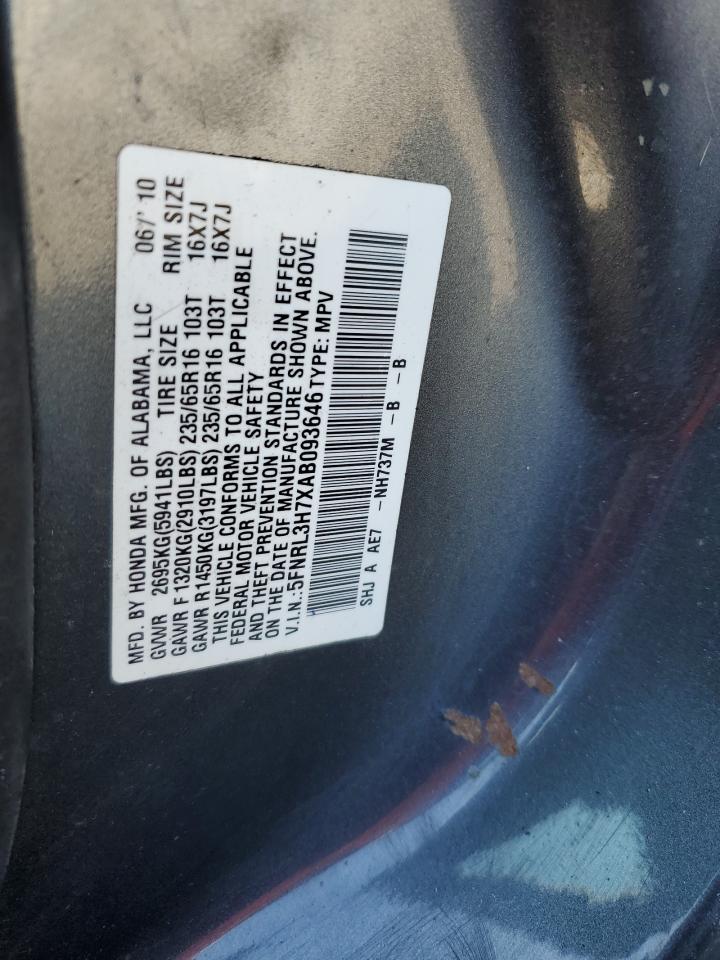 2010 Honda Odyssey VIN 5FNRL3H7XAB093646 Copart auction photo, side damage thumbnail 13