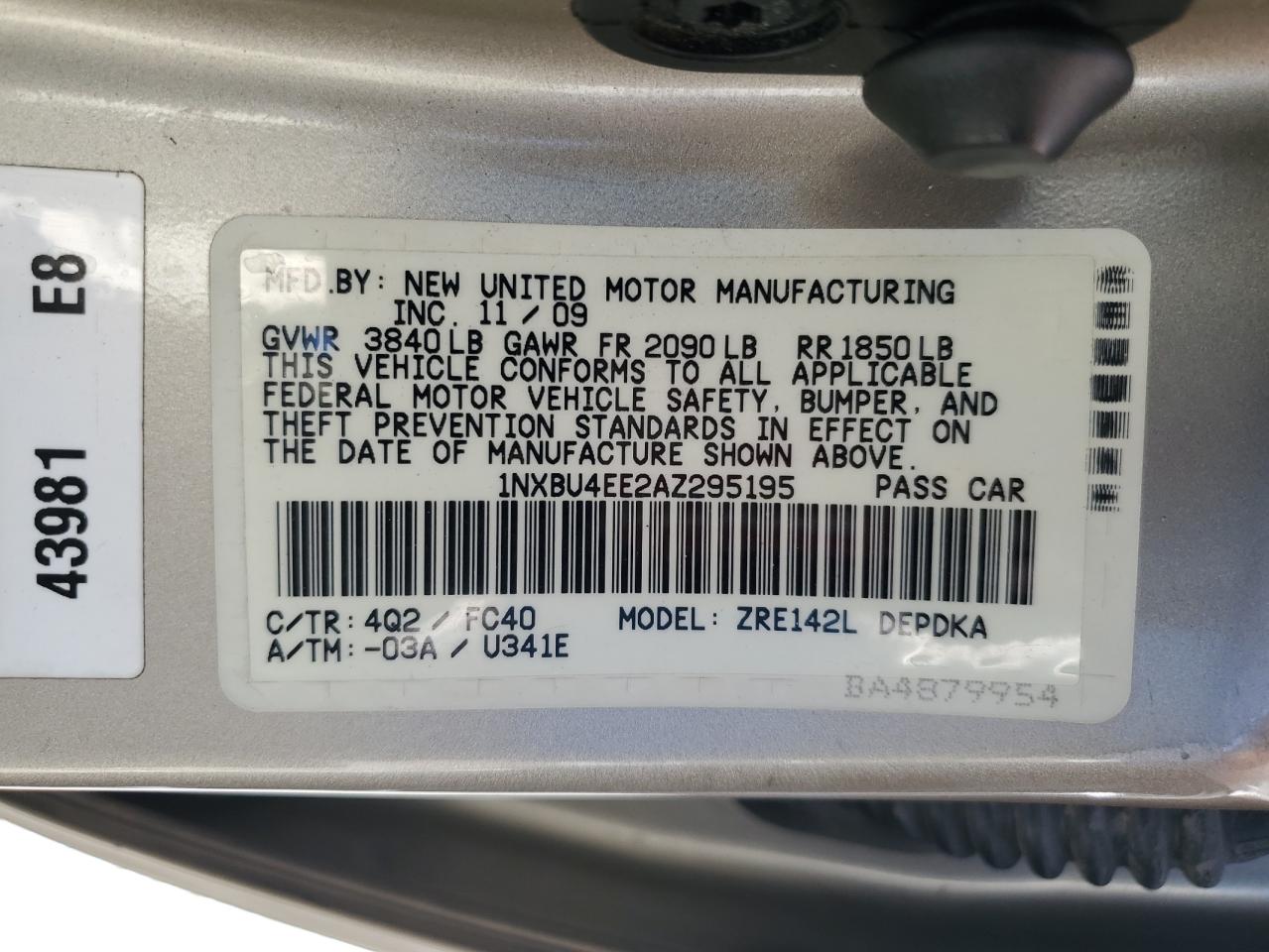 2010 Toyota Corolla VIN 1NXBU4EE2AZ295195 Copart auction photo, front end / side damage thumbnail 12