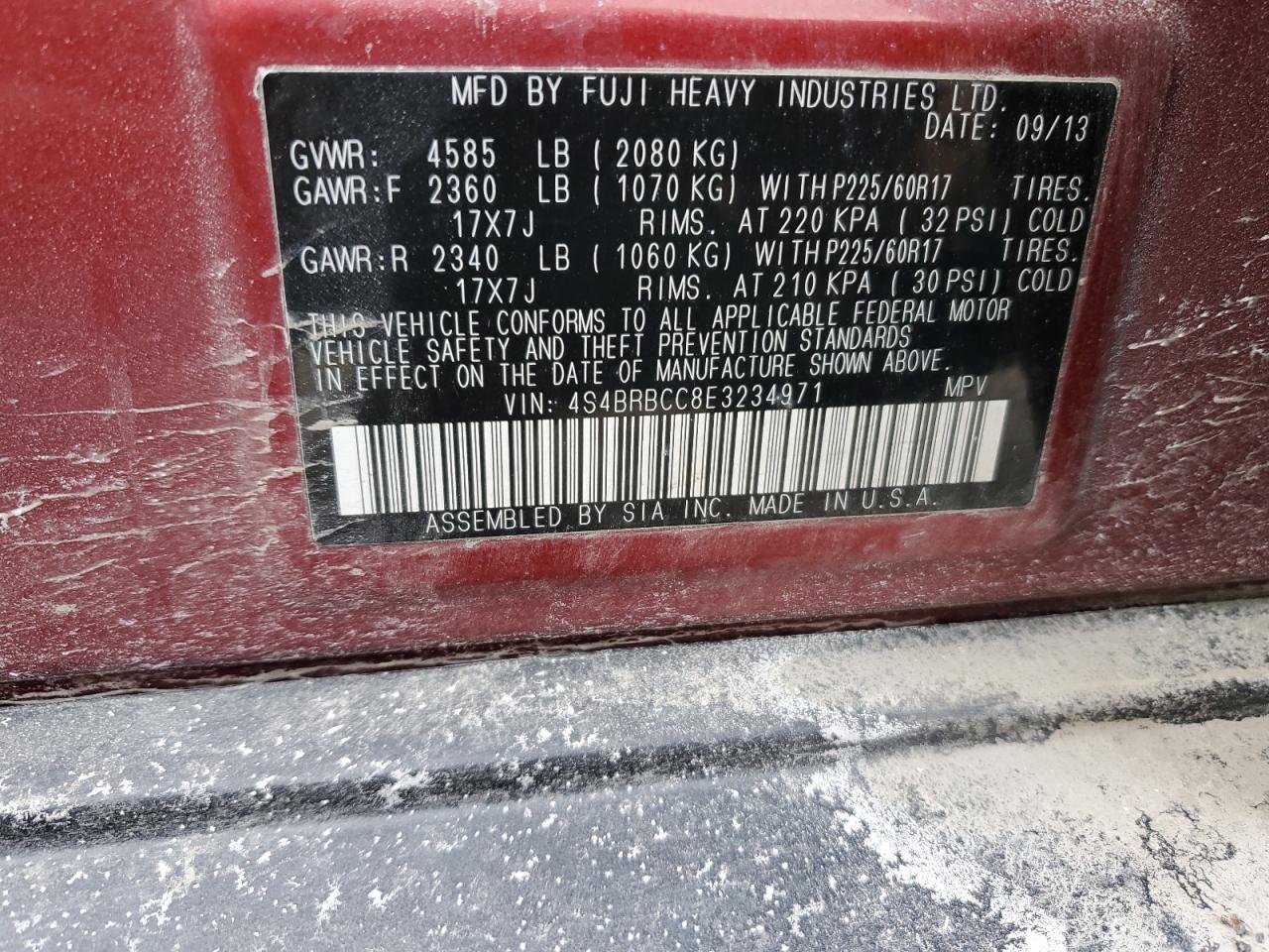 2014 Subaru Outback VIN 4S4BRBCC8E3234971 Copart auction photo, rear end damage thumbnail 13
