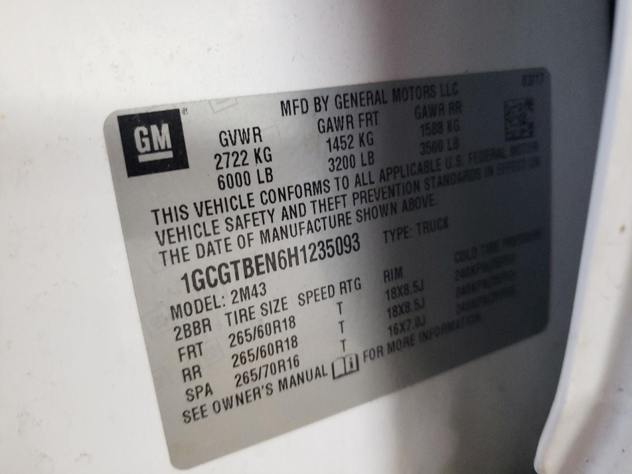 2017 Chevrolet Colorado VIN 1GCGTBEN6H1235093 Copart auction photo, rear end damage thumbnail 12