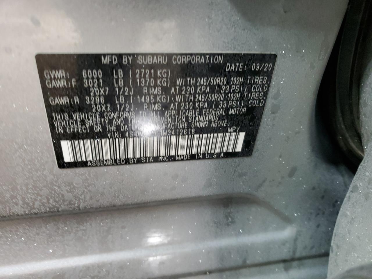 2021 Subaru Ascent VIN 4S4WMAPD1M3412618 Copart auction photo, side / rear end damage thumbnail 15