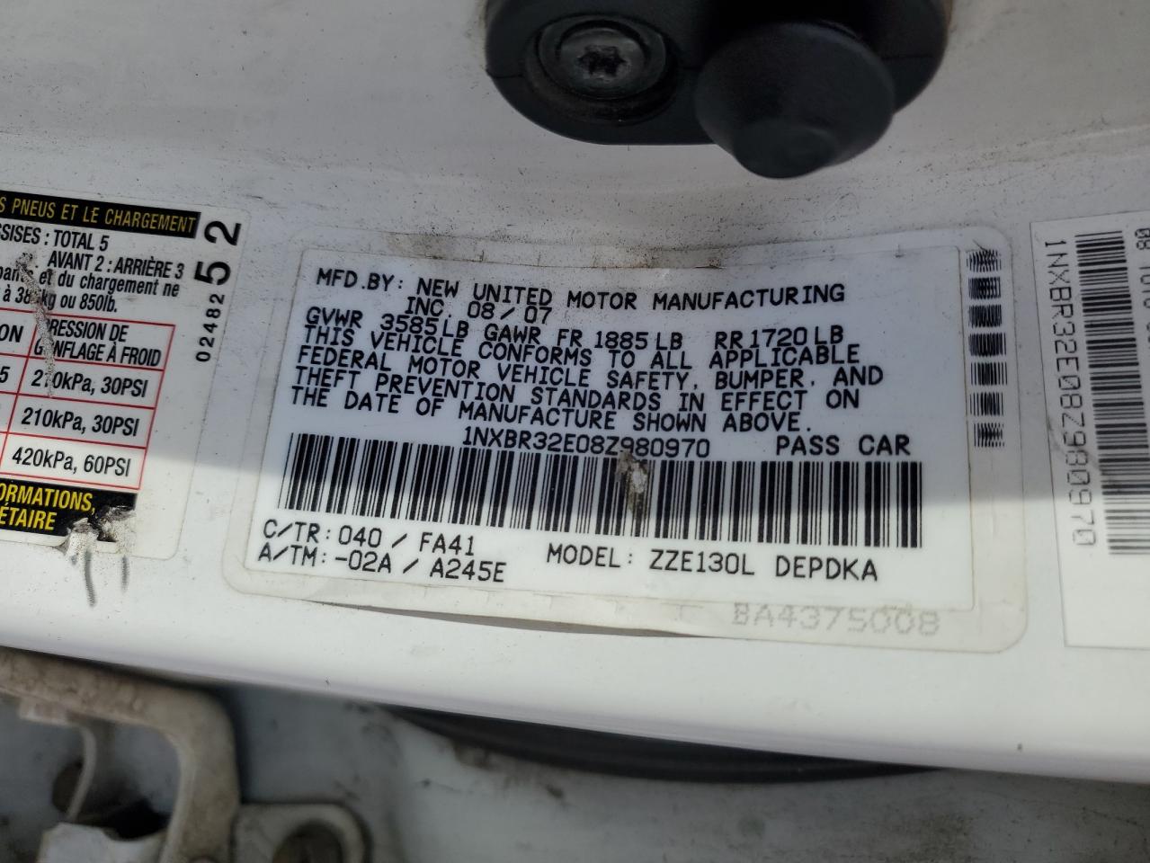 2008 Toyota Corolla VIN 1NXBR32E08Z980970 Copart auction photo, rear end damage thumbnail 12