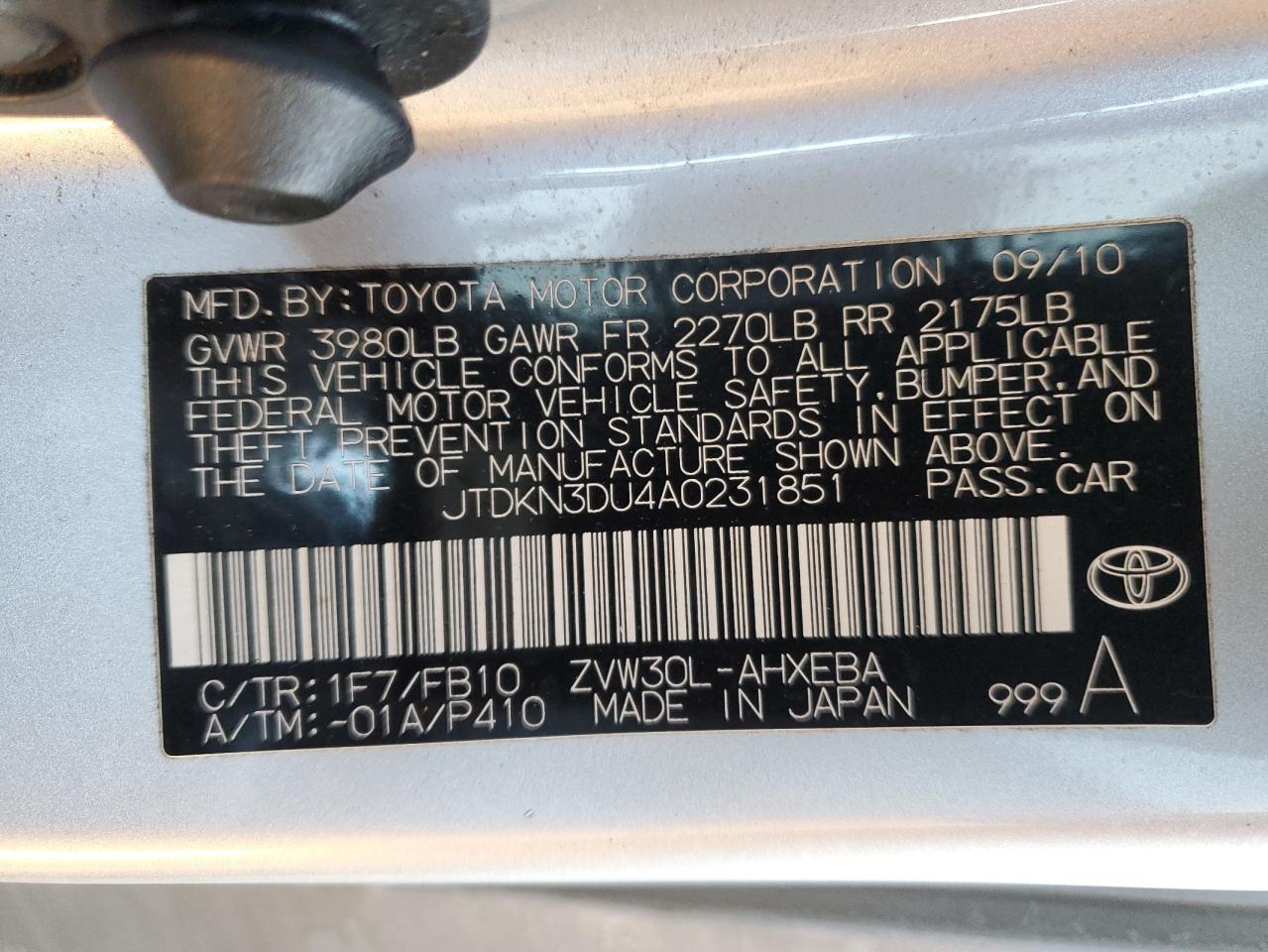 2010 Toyota Prius VIN JTDKN3DU4A0231851 Copart auction photo, mechanical damage thumbnail 12