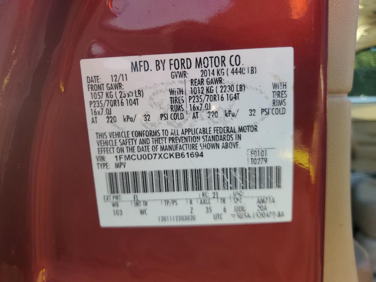 2012 Ford Escape VIN 1FMCU0D7XCKB61694 Copart auction photo, front end / all over damage thumbnail 13
