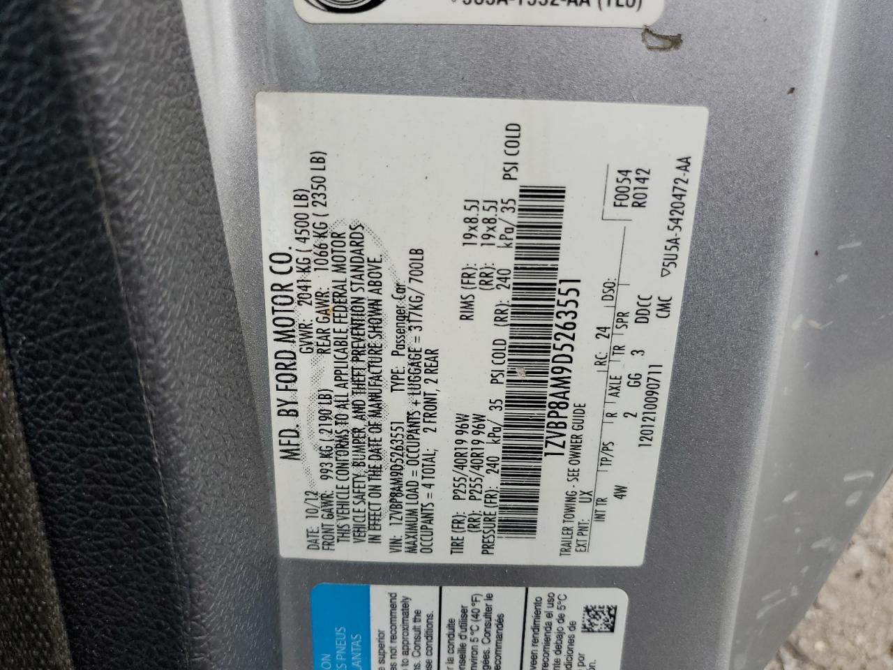 2013 Ford Mustang VIN 1ZVBP8AM9D5263551 Copart auction photo, front end / side damage thumbnail 13