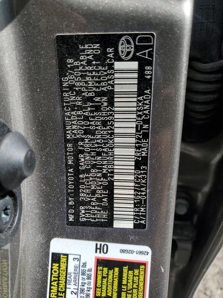 2019 Toyota Corolla VIN 2T1BURHE0KC125932 Copart auction photo, front end damage thumbnail 12