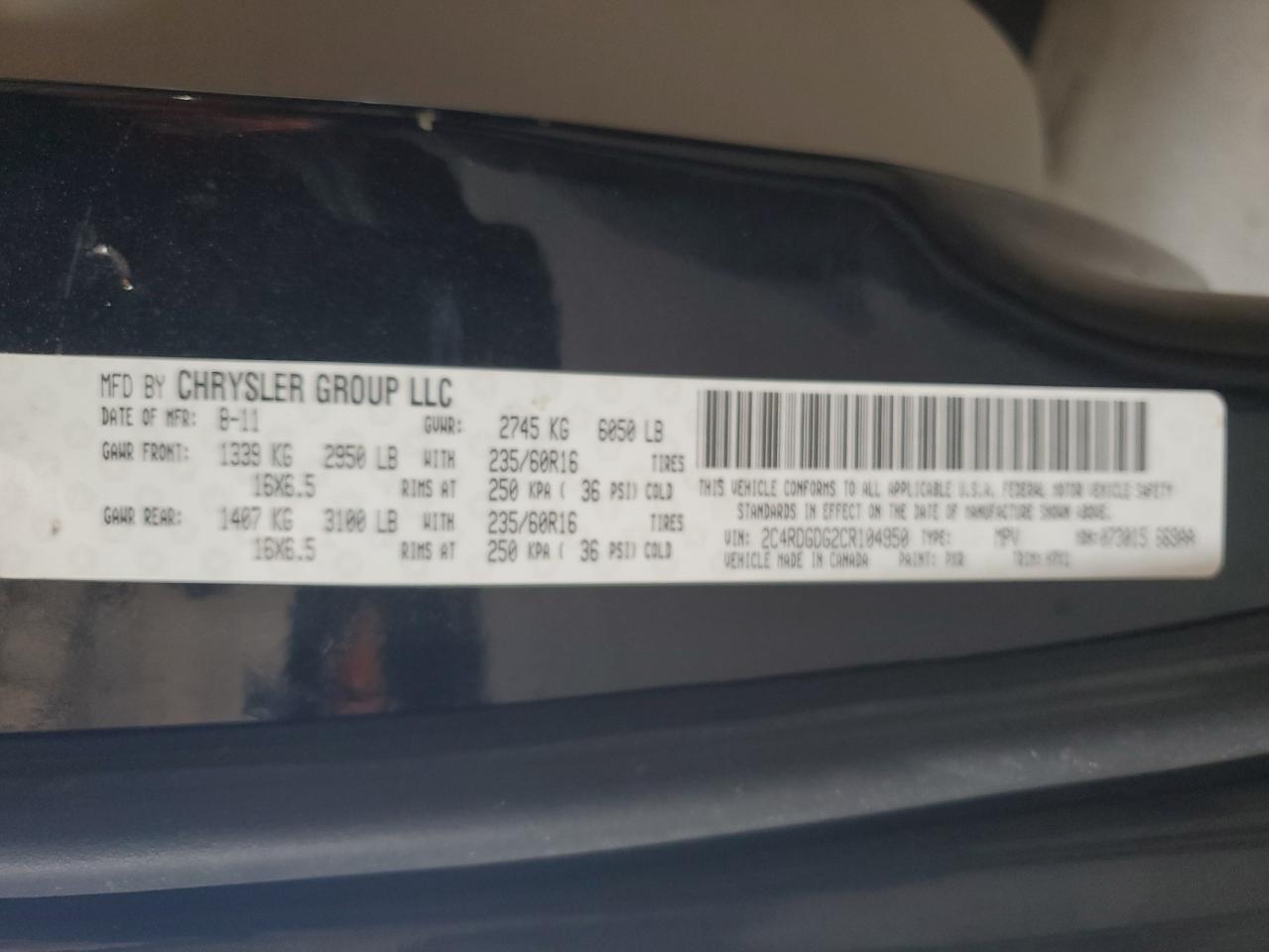 2012 Dodge Caravan VIN 2C4RDGDG2CR104950 Copart auction photo, front end damage thumbnail 14