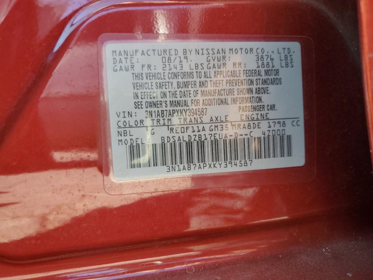 2019 Nissan Sentra VIN 3N1AB7APXKY394587 Copart auction photo, front end damage thumbnail 12