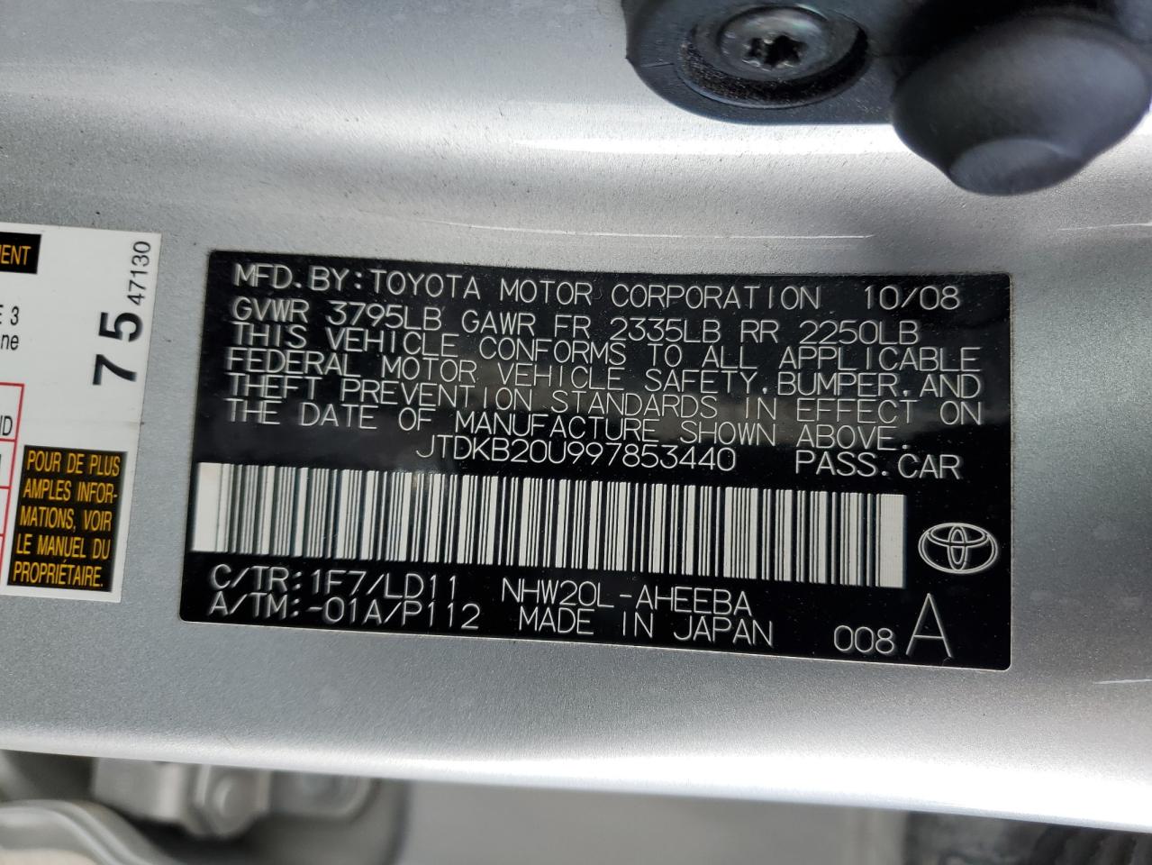 2009 Toyota Prius VIN JTDKB20U997853440 Copart auction photo, side damage thumbnail 12