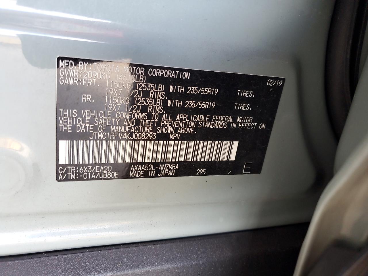 2019 Toyota RAV 4 VIN JTMC1RFV4KJ008293 Copart auction photo, rear end / undercarriage damage thumbnail 14